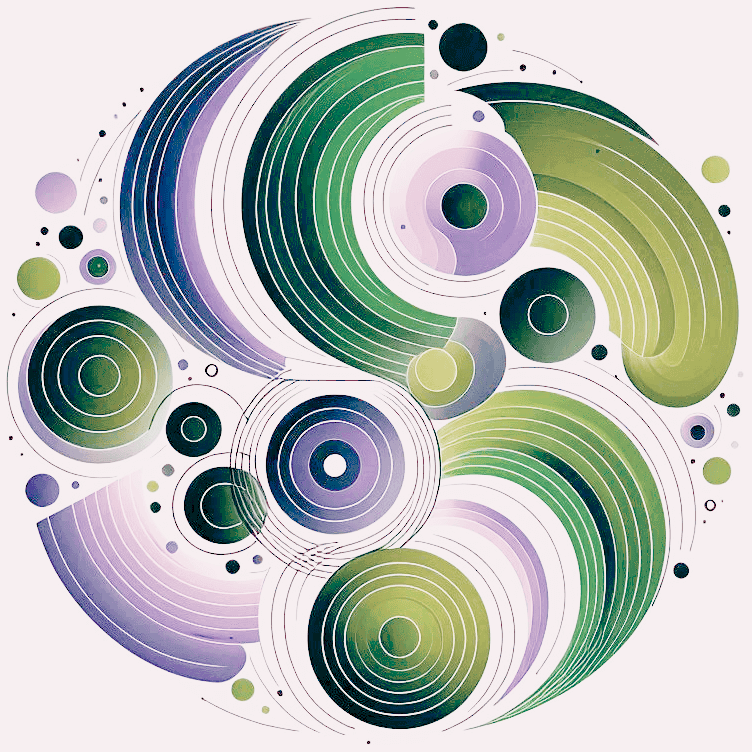 Beautiful geometric design, with interconnected fractals and circles, swirling pastel colors.