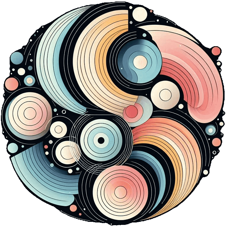 Beautiful geometric design, with interconnected fractals and circles, swirling pastel colors.